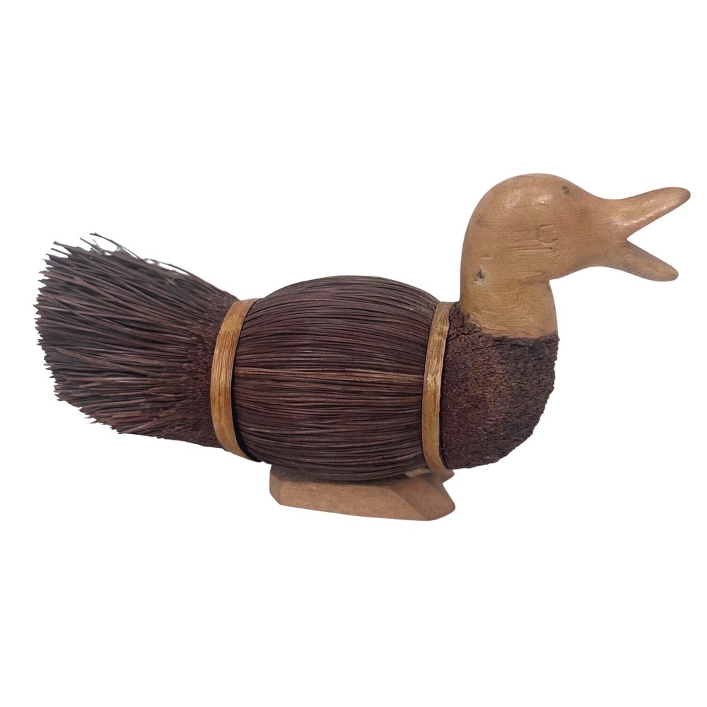 Vintage Folk Art Bristle Broom and Wood Duck Hand-Crafted Corn Husk Figurine